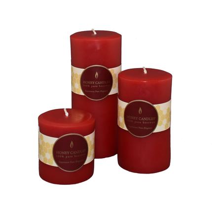 HONEY CANDLES Beeswax Pillar Candles - Red